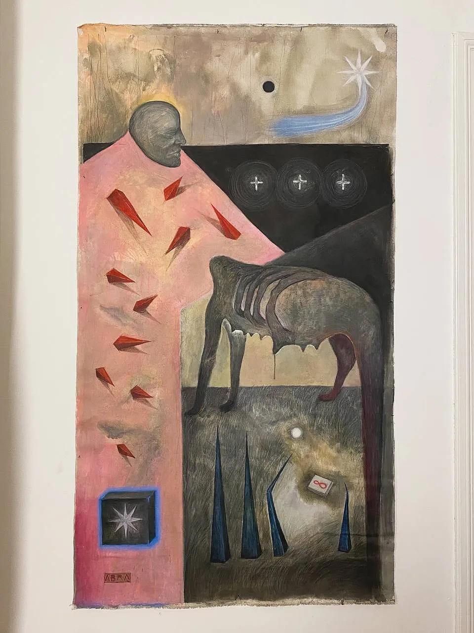 Image of wayfarer  by ABRA, size: 205. cm x 115 cm, made of canvas,acrylic,colored pencil, Painting medium, from Lviv, Ukraiine, part of the Thresholds and omens series, priced at $1500